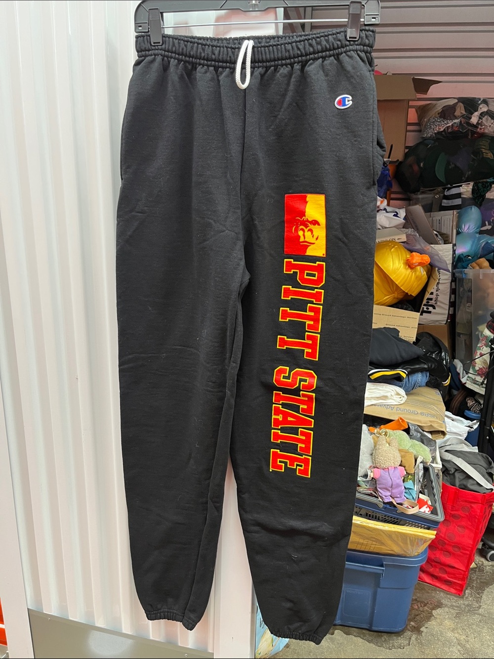 Champion Black Sweatpants with Red & Yellow Pitt State Leg Graphic